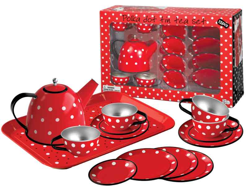 Tin Tea Set Red White Polka Dots