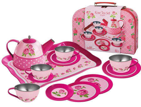 Tin Tea Set In Suitcase Rose Pattern