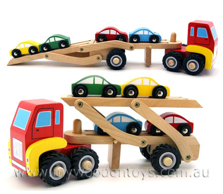 Bigjigs Wooden Car Transporter Toy With Ramp & 4 Cars - Push Along Vehicle For Toddlers 1 Year+