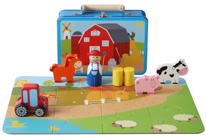 Wooden Farm Set in Tin Case