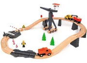 Wooden Toy Train Set with Crane