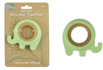 Silicone and Wood Elephant Teether Green