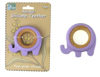 Silicone and Wood Elephant Teether Purple