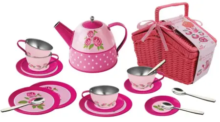 Tin Tea Set Rose Picnic Basket 18 Piece