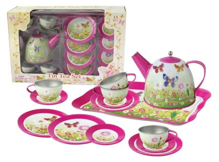 Tin Tea Set Pink Butterfly 15 Piece