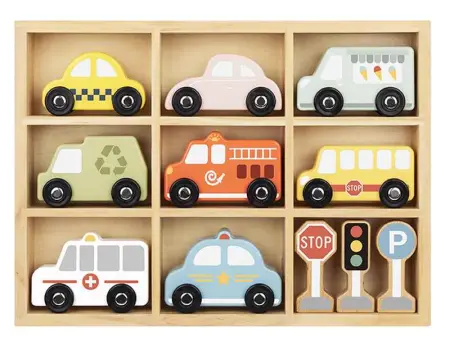 Wooden Transport Vehicles And Road Signs Set