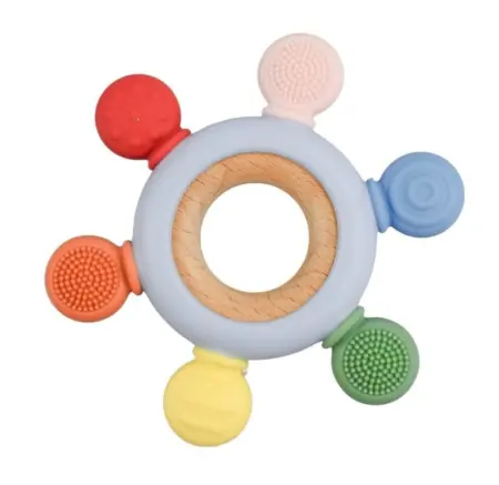 Silicone and Wooden Teether Ring Blue