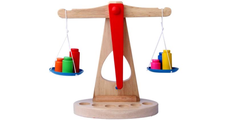 wooden balance scale coloured weights